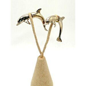 Vintage Silver Plate EBJ Signed Dolphin Post Earrings 3D Illusion Earrings
